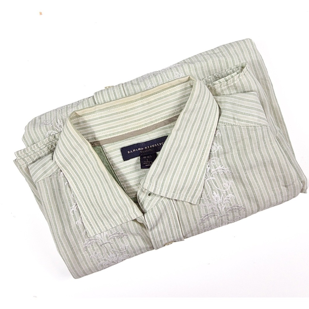 Banana Republic Classic Green Striped Floral Trim Button Up Shirt Men's Size L - Picture 4 of 5